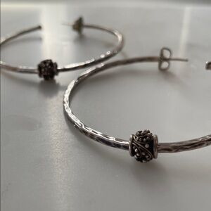 2 1/4” Sterling Silver Hammered Hoop Earrings with Floating Embellish Bead